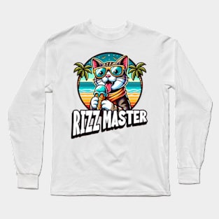 Rizz Master Streetwise Slang - Funny Cool Kids  Tee - Cat Eating Ice Cream Statement Novelty Graphic Tee T-Shirt Long Sleeve T-Shirt